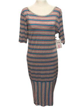 New LuLaRoe Pink & Blue Striped Bodycon Julia Half Sleeve Dress Size M (8-10)